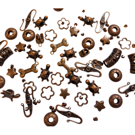 MIX korálků, přívěsků a komponentů 150g bronz W0274